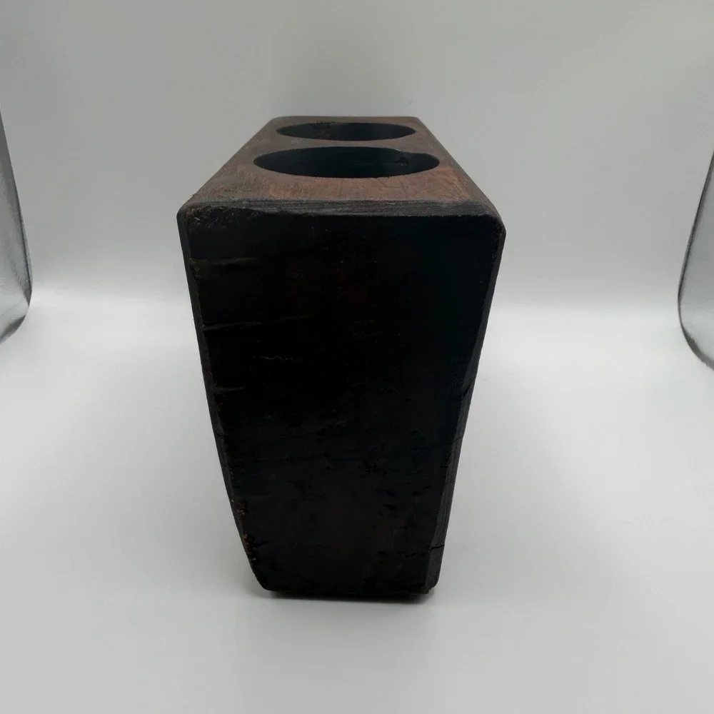 VTG Primitive Hand Carved Wood 2 Hole Sugar Mold Candle Or Makeup Brush Holder